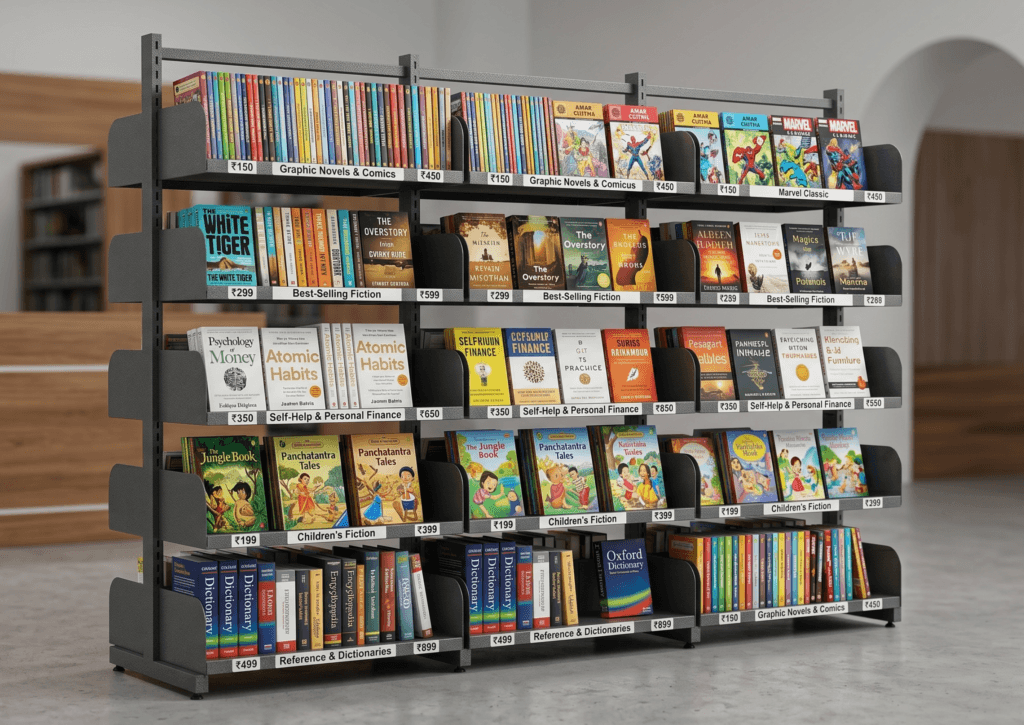 economy steel book display rack shelf