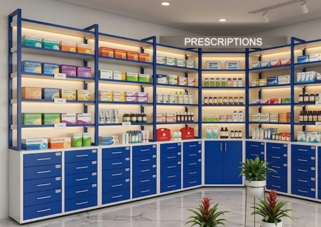 Pharmacy Store Racks CRCA Sheet Pharmacy Racks by V Display Rack